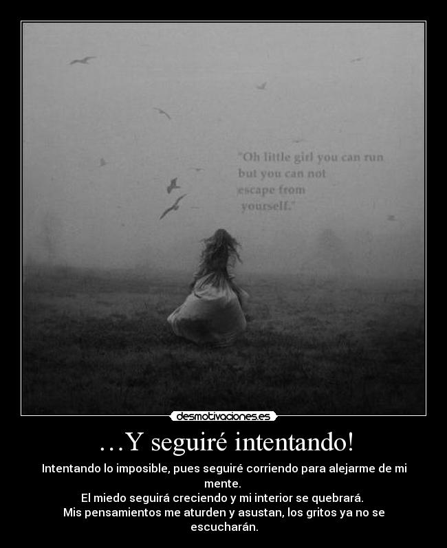 …Y seguiré intentando! - Intentando lo imposible, pues seguiré corriendo para alejarme de mi mente.
El miedo seguirá creciendo y mi interior se quebrará.
Mis pensamientos me aturden y asustan, los gritos ya no se escucharán.