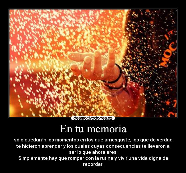En tu memoria - sólo quedarán los momentos en los que arriesgaste, los que de verdad
te hicieron aprender y los cuales cuyas consecuencias te llevaron a
ser lo que ahora eres.
Simplemente hay que romper con la rutina y vivir una vida digna de
recordar.