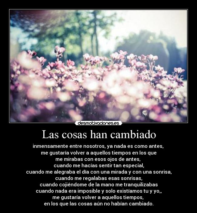 Las cosas han cambiado - inmensamente entre nosotros, ya nada es como antes,
me gustaría volver a aquellos tiempos en los que
me mirabas con esos ojos de antes,
cuando me hacías sentir tan especial,
cuando me alegraba el día con una mirada y con una sonrisa,
cuando me regalabas esas sonrisas,
cuando cojiéndome de la mano me tranquilizabas
cuando nada era imposible y solo existíamos tu y yo,,
me gustaría volver a aquellos tiempos,
en los que las cosas aún no habían cambiado.