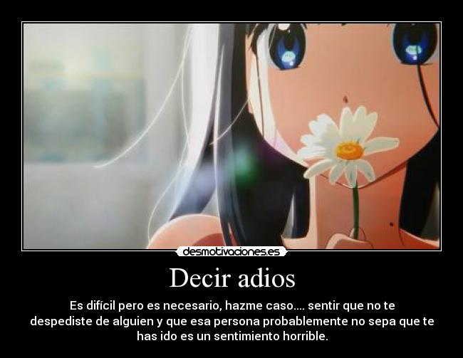 Decir adios - Es difícil pero es necesario, hazme caso.... sentir que no te
despediste de alguien y que esa persona probablemente no sepa que te
has ido es un sentimiento horrible.