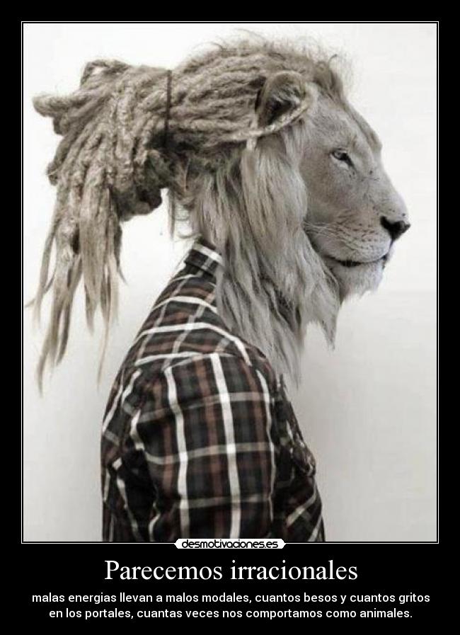 Parecemos irracionales - malas energias llevan a malos modales, cuantos besos y cuantos gritos
en los portales, cuantas veces nos comportamos como animales.