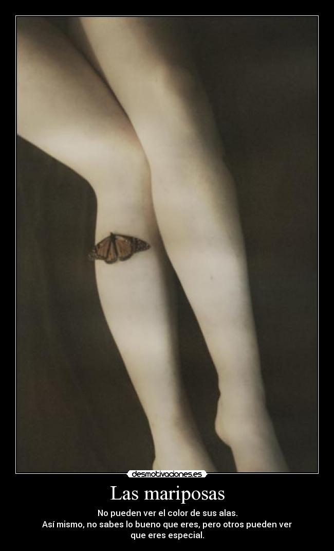 Las mariposas - No pueden ver el color de sus alas.
Así mismo, no sabes lo bueno que eres, pero otros pueden ver
que eres especial.