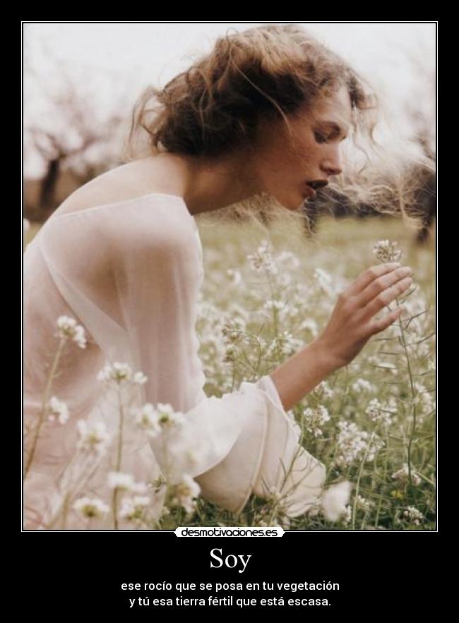 Soy - ese rocío que se posa en tu vegetación
y tú esa tierra fértil que está escasa.