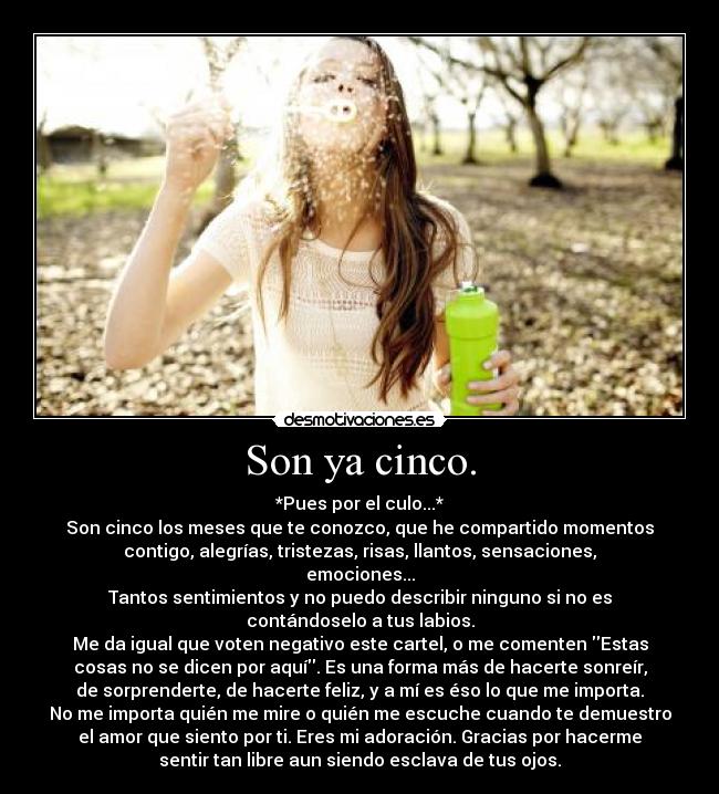 Son ya cinco. - *Pues por el culo...*
Son cinco los meses que te conozco, que he compartido momentos
contigo, alegrías, tristezas, risas, llantos, sensaciones,
emociones...
Tantos sentimientos y no puedo describir ninguno si no es
contándoselo a tus labios.
Me da igual que voten negativo este cartel, o me comenten Estas
cosas no se dicen por aquí. Es una forma más de hacerte sonreír,
de sorprenderte, de hacerte feliz, y a mí es éso lo que me importa.
No me importa quién me mire o quién me escuche cuando te demuestro
el amor que siento por ti. Eres mi adoración. Gracias por hacerme
sentir tan libre aun siendo esclava de tus ojos.