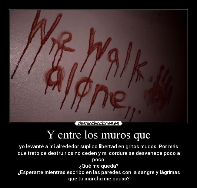 Y entre los muros que - yo levanté a mi alrededor suplico libertad en gritos mudos. Por más
que trato de destruirlos no ceden y mi cordura se desvanece poco a
poco.
¿Qué me queda?
¿Esperarte mientras escribo en las paredes con la sangre y lágrimas
que tu marcha me causó?