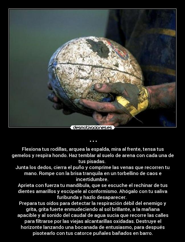 ... - Flexiona tus rodillas, arquea la espalda, mira al frente, tensa tus
gemelos y respira hondo. Haz temblar al suelo de arena con cada una de
tus pisadas. 
Junta los dedos, cierra el puño y comprime las venas que recorren tu
mano. Rompe con la brisa tranquila en un torbellino de caos e
incertidumbre. 
Aprieta con fuerza tu mandíbula, que se escuche el rechinar de tus
dientes amarillos y escúpele al conformismo. Ahógalo con tu saliva
furibunda y hazlo desaparecer. 
Prepara tus oídos para detectar la respiración débil del enemigo y
grita, grita fuerte enmudeciendo al sol brillante, a la mañana
apacible y al sonido del caudal de agua sucia que recorre las calles
para filtrarse por las viejas alcantarillas oxidadas. Destruye el
horizonte lanzando una bocanada de entusiasmo, para después
pisotearlo con tus catorce puñales bañados en barro.