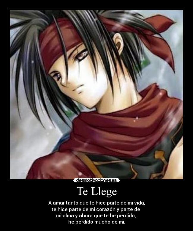 Te Llege - A amar tanto que te hice parte de mi vida,
te hice parte de mi corazón y parte de 
mi alma y ahora que te he perdido, 
he perdido mucho de mi.