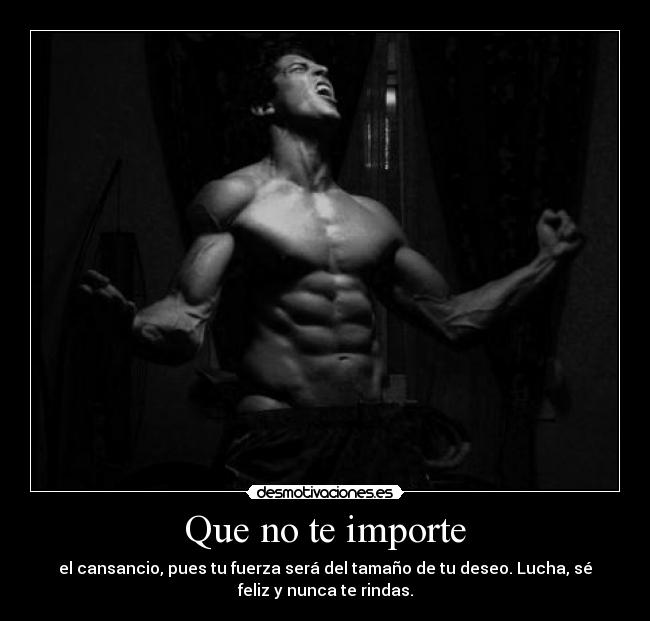 Que no te importe - el cansancio, pues tu fuerza será del tamaño de tu deseo. Lucha, sé
feliz y nunca te rindas.