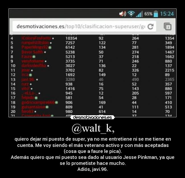 @walt_k, - quiero dejar mi puesto de super, ya no me entretiene ni se me tiene en
cuenta. Me voy siendo el más veterano activo y con más aceptadas
(cosa que a faure le pica).
Además quiero que mi puesto sea dado al usuario Jesse Pinkman, ya que
se lo prometiste hace mucho.
Adiós, javi.96.