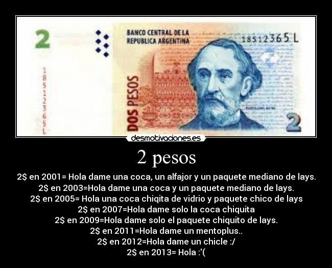 2 pesos - 2$ en 2001= Hola dame una coca, un alfajor y un paquete mediano de lays.
2$ en 2003=Hola dame una coca y un paquete mediano de lays.
2$ en 2005= Hola una coca chiqita de vidrio y paquete chico de lays
2$ en 2007=Hola dame solo la coca chiquita
2$ en 2009=Hola dame solo el paquete chiquito de lays.
2$ en 2011=Hola dame un mentoplus..
2$ en 2012=Hola dame un chicle :/
2$ en 2013= Hola :(