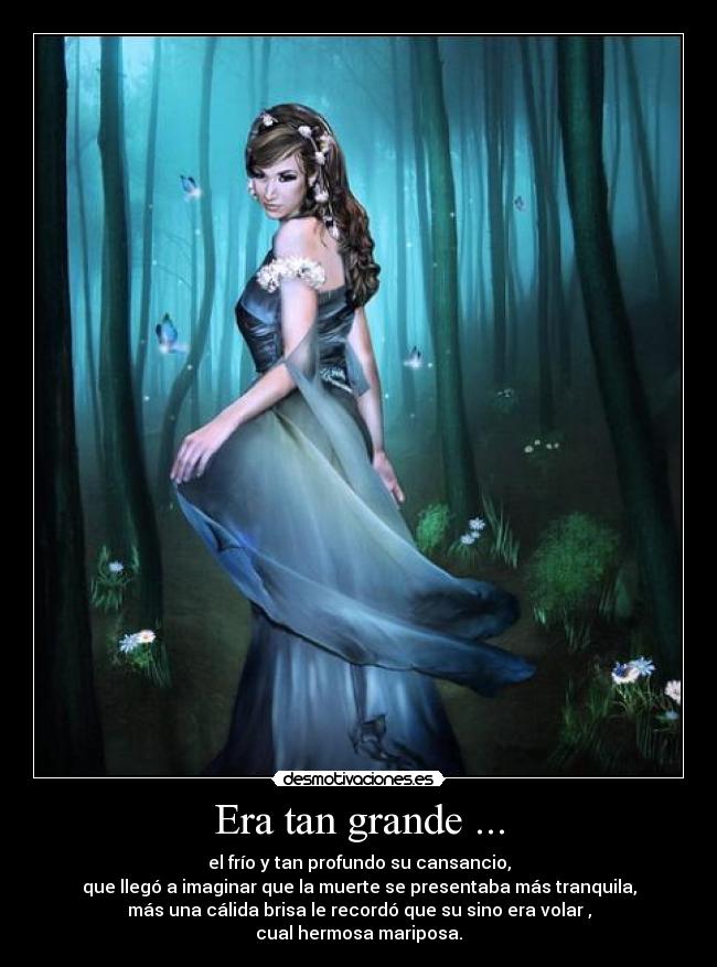 Era tan grande ... - el frío y tan profundo su cansancio,
que llegó a imaginar que la muerte se presentaba más tranquila,
más una cálida brisa le recordó que su sino era volar ,
cual hermosa mariposa.