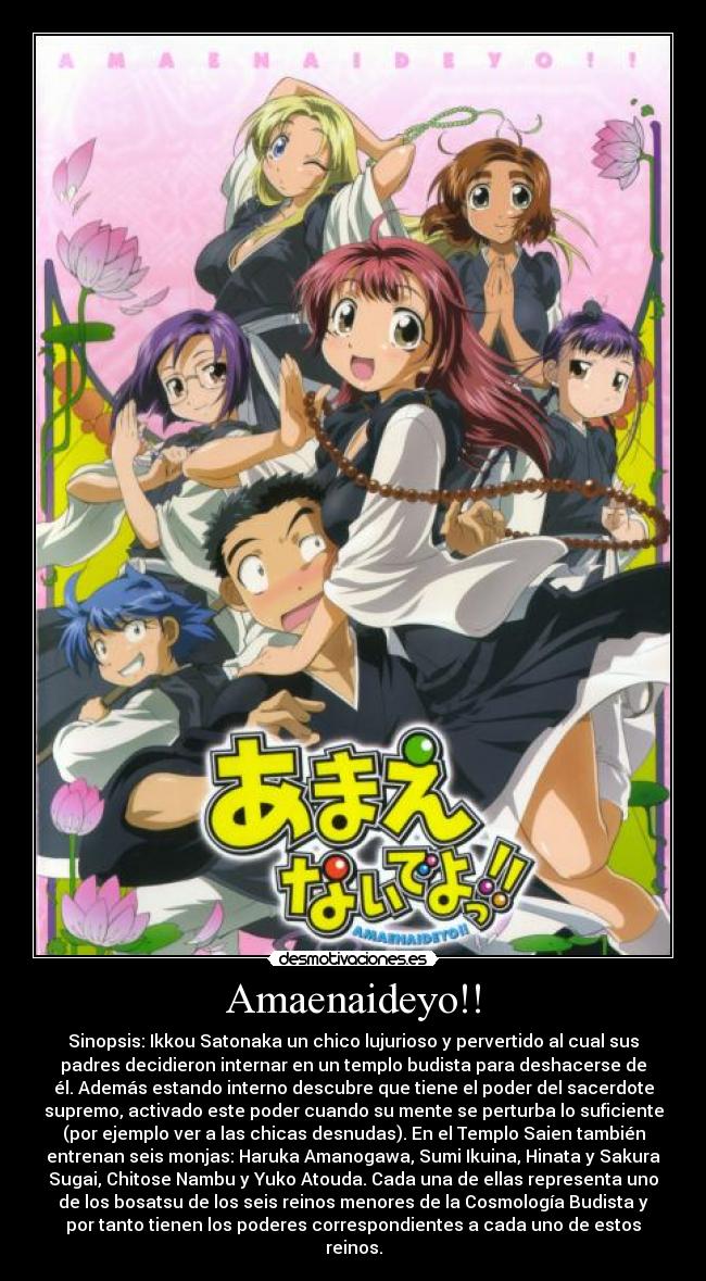 Amaenaideyo!! - Sinopsis: Ikkou Satonaka un chico lujurioso y pervertido al cual sus
padres decidieron internar en un templo budista para deshacerse de
él. Además estando interno descubre que tiene el poder del sacerdote
supremo, activado este poder cuando su mente se perturba lo suficiente
(por ejemplo ver a las chicas desnudas). En el Templo Saien también
entrenan seis monjas: Haruka Amanogawa, Sumi Ikuina, Hinata y Sakura
Sugai, Chitose Nambu y Yuko Atouda. Cada una de ellas representa uno
de los bosatsu de los seis reinos menores de la Cosmología Budista y
por tanto tienen los poderes correspondientes a cada uno de estos
reinos.
