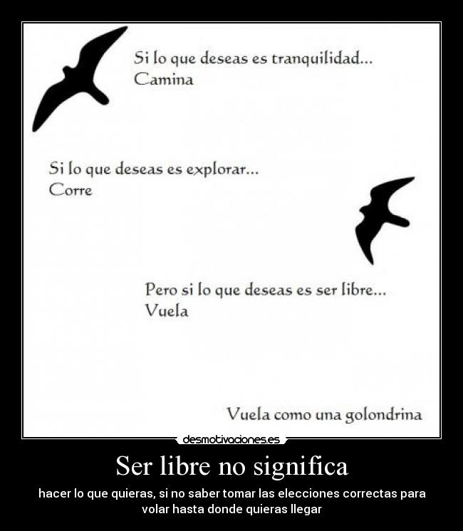 Ser libre no significa - hacer lo que quieras, si no saber tomar las elecciones correctas para
volar hasta donde quieras llegar