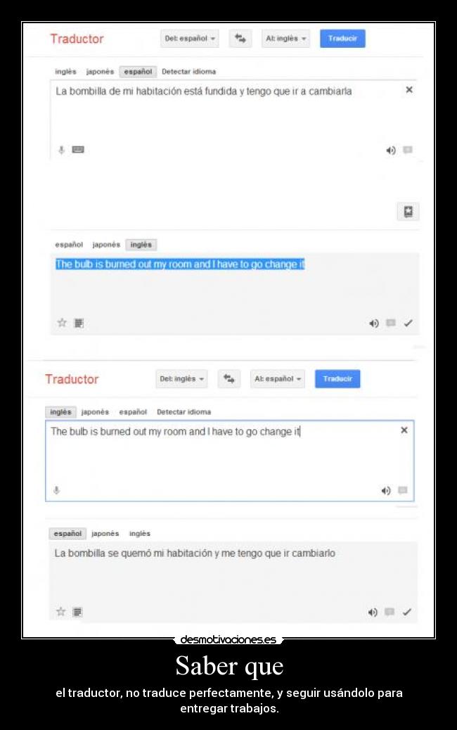 Saber que - el traductor, no traduce perfectamente, y seguir usándolo para entregar trabajos.