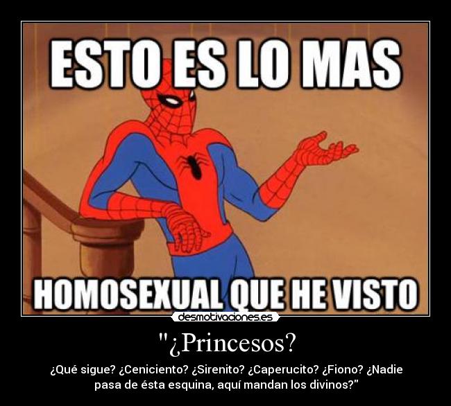 ¿Princesos? - ¿Qué sigue? ¿Ceniciento? ¿Sirenito? ¿Caperucito? ¿Fiono? ¿Nadie
pasa de ésta esquina, aquí mandan los divinos?