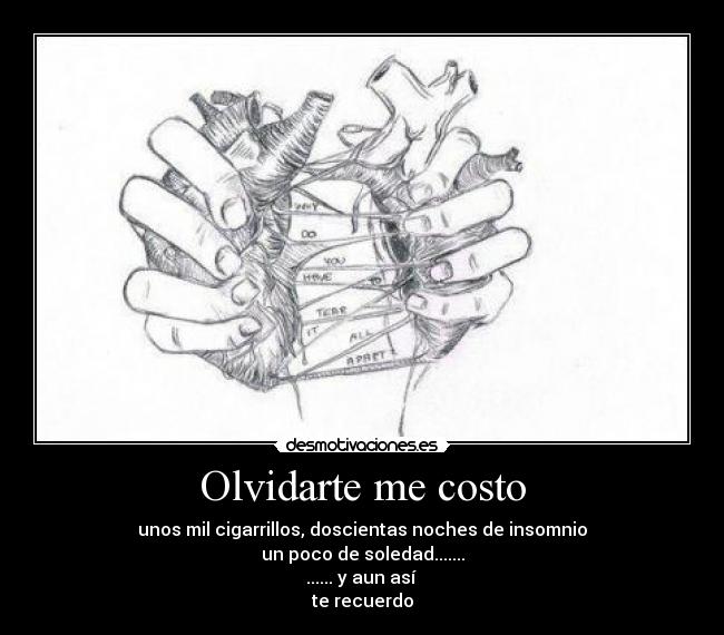 Olvidarte me costo - unos mil cigarrillos, doscientas noches de insomnio
un poco de soledad.......
...... y aun así
te recuerdo