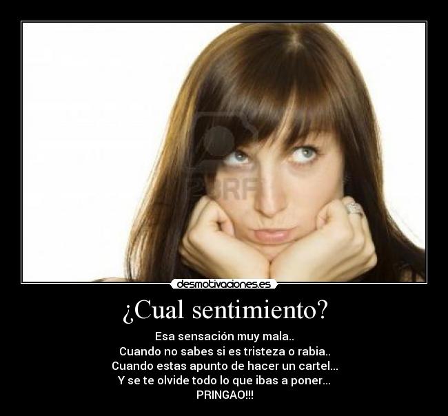 ¿Cual sentimiento? - Esa sensación muy mala..
Cuando no sabes si es tristeza o rabia..
Cuando estas apunto de hacer un cartel...
Y se te olvide todo lo que ibas a poner...
PRINGAO!!!
