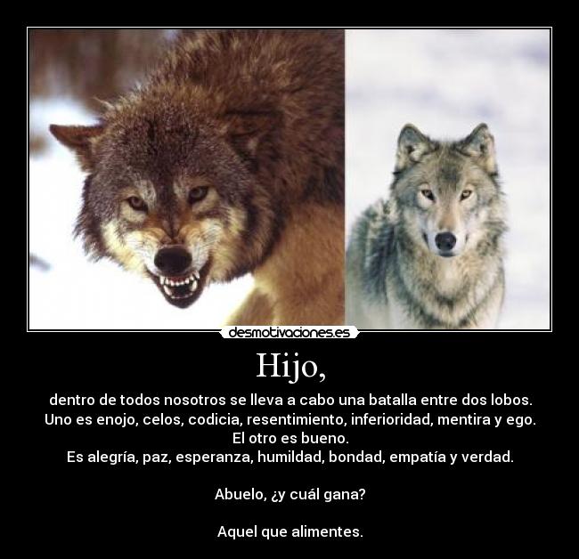 Hijo, - dentro de todos nosotros se lleva a cabo una batalla entre dos lobos.
Uno es enojo, celos, codicia, resentimiento, inferioridad, mentira y ego.
El otro es bueno.
Es alegría, paz, esperanza, humildad, bondad, empatía y verdad.
Abuelo, ¿y cuál gana?
Aquel que alimentes.