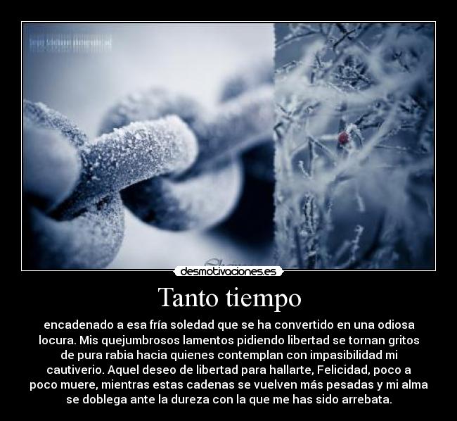 Tanto tiempo - encadenado a esa fría soledad que se ha convertido en una odiosa
locura. Mis quejumbrosos lamentos pidiendo libertad se tornan gritos
de pura rabia hacia quienes contemplan con impasibilidad mi
cautiverio. Aquel deseo de libertad para hallarte, Felicidad, poco a
poco muere, mientras estas cadenas se vuelven más pesadas y mi alma
se doblega ante la dureza con la que me has sido arrebata.