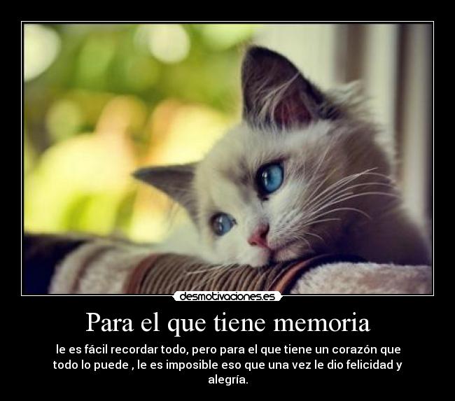 Para el que tiene memoria - le es fácil recordar todo, pero para el que tiene un corazón que
todo lo puede , le es imposible eso que una vez le dio felicidad y
alegría.
