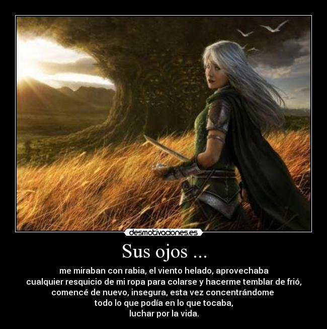 Sus ojos ... - me miraban con rabia, el viento helado, aprovechaba
cualquier resquicio de mi ropa para colarse y hacerme temblar de frió,
comencé de nuevo, insegura, esta vez concentrándome 
todo lo que podía en lo que tocaba,
luchar por la vida.