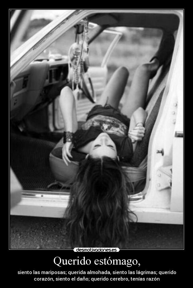 Querido estómago, - siento las mariposas; querida almohada, siento las lágrimas; querido
corazón, siento el daño; querido cerebro, tenías razón