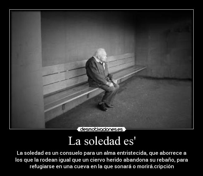La soledad es - La soledad es un consuelo para un alma entristecida, que aborrece a
los que la rodean igual que un ciervo herido abandona su rebaño, para
refugiarse en una cueva en la que sonará o morirá.cripción