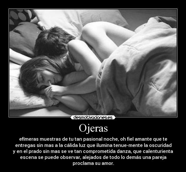 Ojeras - efímeras muestras de tu tan pasional noche, oh fiel amante que te
entregas sin mas a la cálida luz que ilumina tenue-mente la oscuridad
y en el prado sin mas se ve tan comprometida danza, que calenturienta
escena se puede observar, alejados de todo lo demás una pareja
proclama su amor.