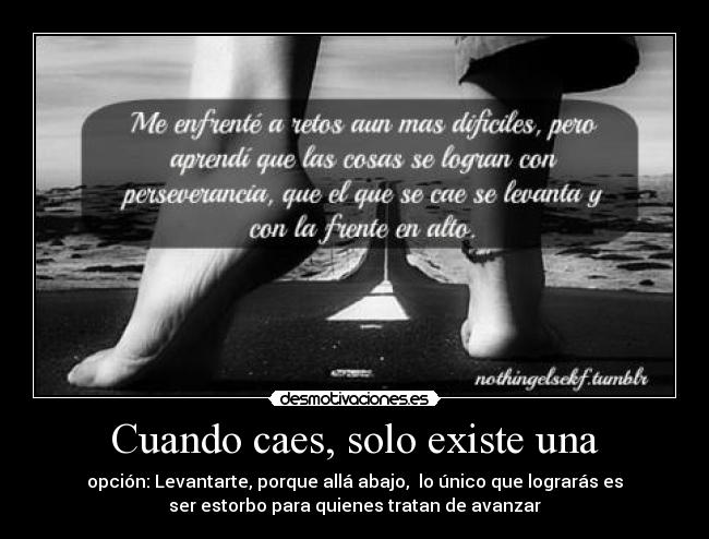 Cuando caes, solo existe una - opción: Levantarte, porque allá abajo, lo único que lograrás es
ser estorbo para quienes tratan de avanzar