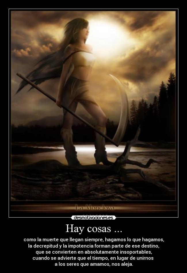 Hay cosas ... - como la muerte que llegan siempre, hagamos lo que hagamos,
la decrepitud y la impotencia forman parte de ese destino,
que se convierten en absolutamente insoportables,
cuando se advierte que el tiempo, en lugar de unirnos
a los seres que amamos, nos aleja.