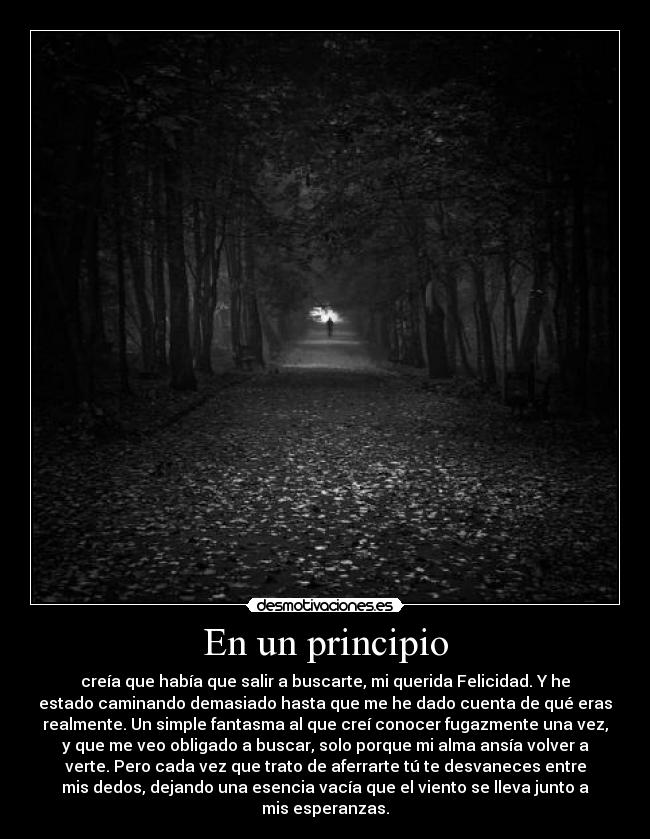 En un principio - creía que había que salir a buscarte, mi querida Felicidad. Y he
estado caminando demasiado hasta que me he dado cuenta de qué eras
realmente. Un simple fantasma al que creí conocer fugazmente una vez,
y que me veo obligado a buscar, solo porque mi alma ansía volver a
verte. Pero cada vez que trato de aferrarte tú te desvaneces entre
mis dedos, dejando una esencia vacía que el viento se lleva junto a
mis esperanzas.