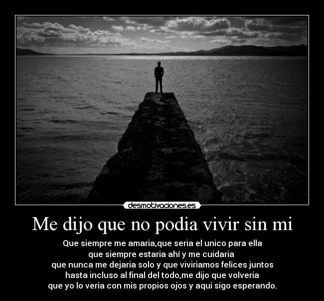 Me dijo que no podia vivir sin mi - Que siempre me amaria,que seria el unico para ella
que siempre estaria ahí y me cuidaria 
que nunca me dejaria solo y que viviriamos felices juntos
hasta incluso al final del todo,me dijo que volveria
que yo lo veria con mis propios ojos y aqui sigo esperando.