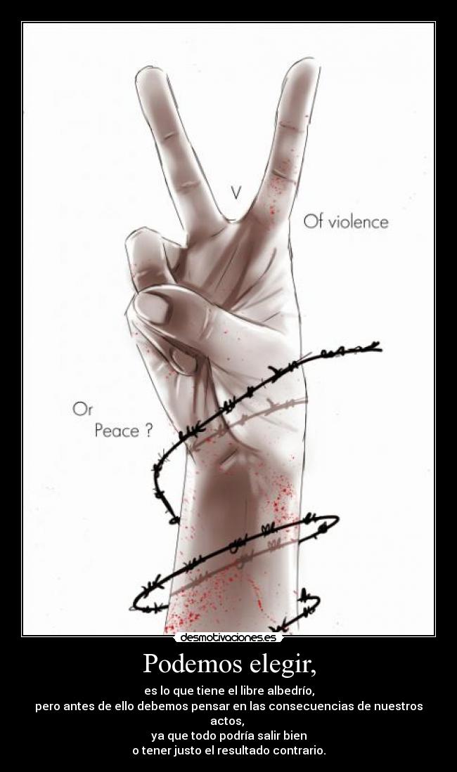 Podemos elegir, - es lo que tiene el libre albedrío,
pero antes de ello debemos pensar en las consecuencias de nuestros actos,
ya que todo podría salir bien
o tener justo el resultado contrario.