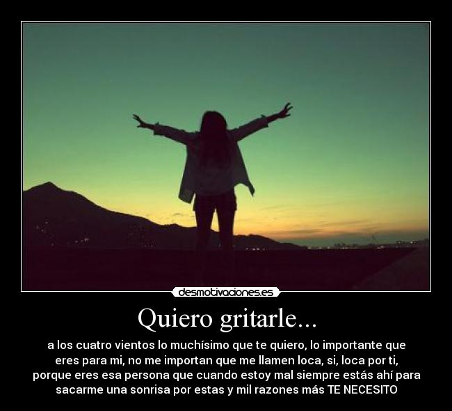 Quiero gritarle... - a los cuatro vientos lo muchísimo que te quiero, lo importante que
eres para mi, no me importan que me llamen loca, si, loca por ti,
porque eres esa persona que cuando estoy mal siempre estás ahí para
sacarme una sonrisa por estas y mil razones más TE NECESITO