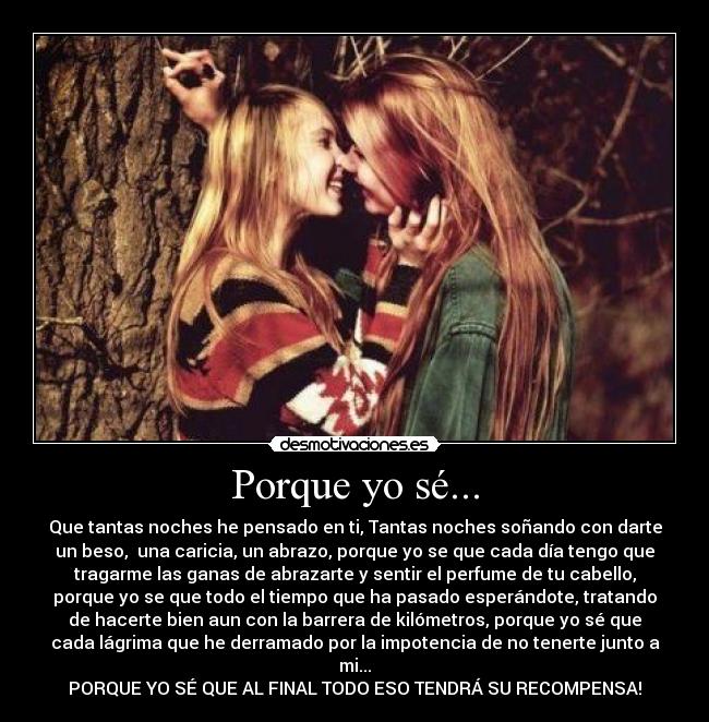 Porque yo sé... - Que tantas noches he pensado en ti, Tantas noches soñando con darte
un beso, una caricia, un abrazo, porque yo se que cada día tengo que
tragarme las ganas de abrazarte y sentir el perfume de tu cabello,
porque yo se que todo el tiempo que ha pasado esperándote, tratando
de hacerte bien aun con la barrera de kilómetros, porque yo sé que
cada lágrima que he derramado por la impotencia de no tenerte junto a
mi...
PORQUE YO SÉ QUE AL FINAL TODO ESO TENDRÁ SU RECOMPENSA!