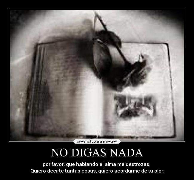 NO DIGAS NADA - por favor, que hablando el alma me destrozas. 
Quiero decirte tantas cosas, quiero acordarme de tu olor.