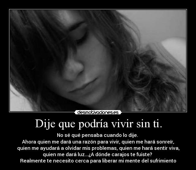 Dije que podría vivir sin ti. - No sé qué pensaba cuando lo dije.
Ahora quien me dará una razón para vivir, quien me hará sonreír,
quien me ayudará a olvidar mis problemas, quien me hará sentir viva,
quien me dará luz...¿A dónde carajos te fuiste?
Realmente te necesito cerca para liberar mi mente del sufrimiento