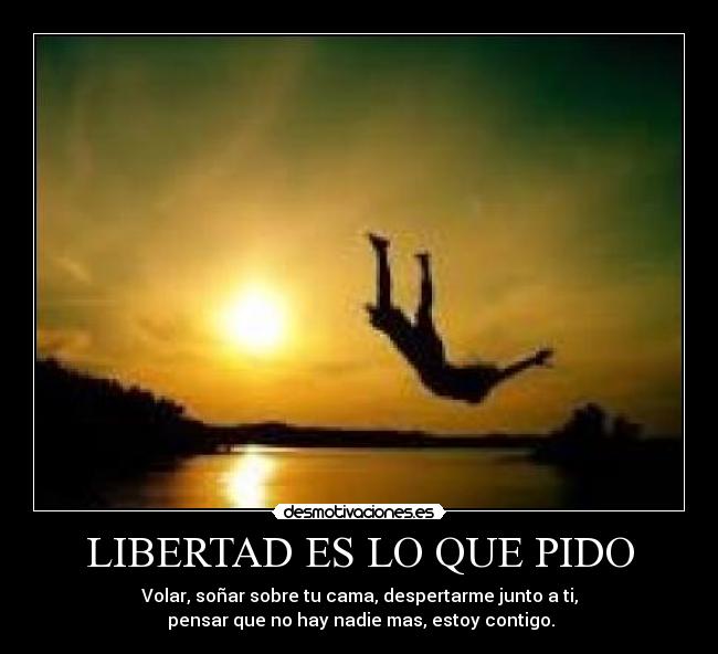 LIBERTAD ES LO QUE PIDO - Volar, soñar sobre tu cama, despertarme junto a ti,
 pensar que no hay nadie mas, estoy contigo.