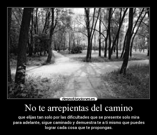 No te arrepientas del camino - que elijas tan solo por las dificultades que se presente solo mira
para adelante, sigue caminado y demuestra te a ti mismo que puedes
lograr cada cosa que te propongas.