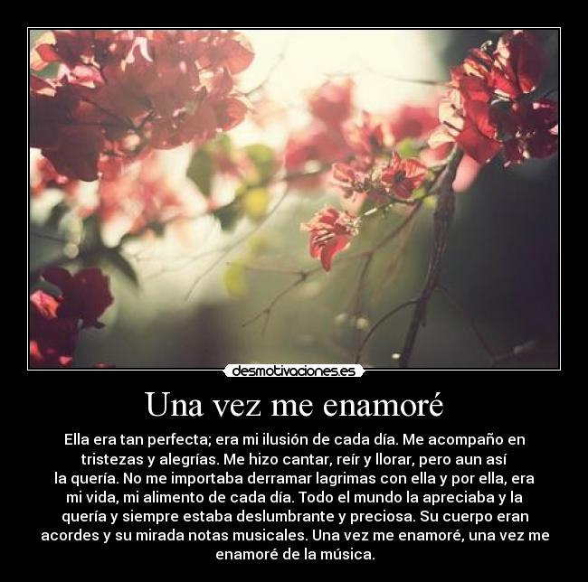 Una vez me enamoré - Ella era tan perfecta; era mi ilusión de cada día. Me acompaño en
tristezas y alegrías. Me hizo cantar, reír y llorar, pero aun así
la quería. No me importaba derramar lagrimas con ella y por ella, era
mi vida, mi alimento de cada día. Todo el mundo la apreciaba y la
quería y siempre estaba deslumbrante y preciosa. Su cuerpo eran
acordes y su mirada notas musicales. Una vez me enamoré, una vez me
enamoré de la música.