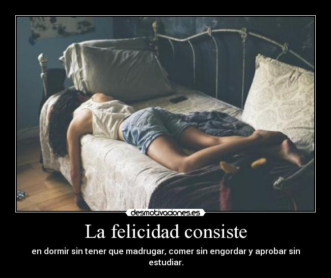 La felicidad consiste - en dormir sin tener que madrugar, comer sin engordar y aprobar sin estudiar.