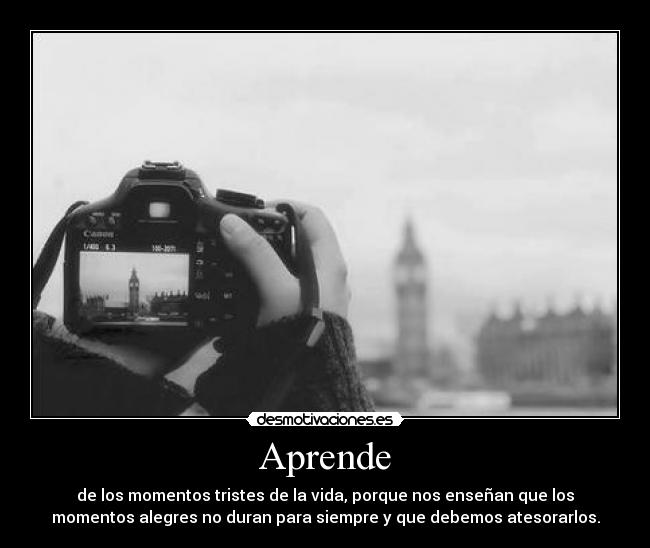 Aprende - de los momentos tristes de la vida, porque nos enseñan que los
momentos alegres no duran para siempre y que debemos atesorarlos.