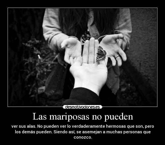 Las mariposas no pueden - ver sus alas. No pueden ver lo verdaderamente hermosas que son, pero
los demás pueden. Siendo así, se asemejan a muchas personas que
conozco.