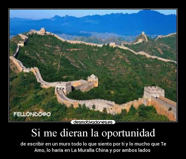 Si me dieran la oportunidad - de escribir en un muro todo lo que siento por ti y lo mucho que Te
Amo, lo haría en La Muralla China y por ambos lados ♥