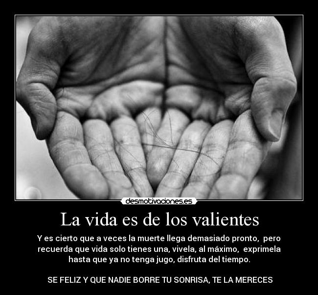 La vida es de los valientes - Y es cierto que a veces la muerte llega demasiado pronto, pero
recuerda que vida solo tienes una, vivela, al máximo, exprimela
hasta que ya no tenga jugo, disfruta del tiempo.
SE FELIZ Y QUE NADIE BORRE TU SONRISA, TE LA MERECES