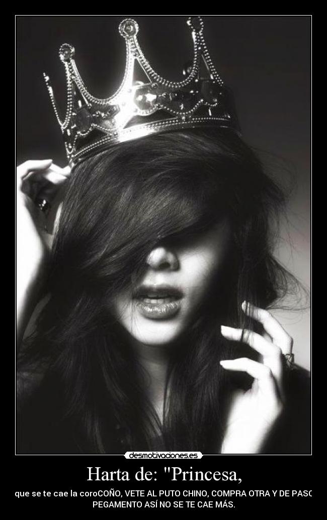 Harta de: Princesa, - que se te cae la coroCOÑO, VETE AL PUTO CHINO, COMPRA OTRA Y DE PASO
PEGAMENTO ASÍ NO SE TE CAE MÁS.