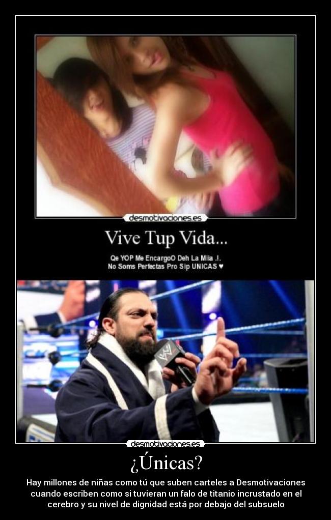 ¿Únicas? - Hay millones de niñas como tú que suben carteles a Desmotivaciones
cuando escriben como si tuvieran un falo de titanio incrustado en el
cerebro y su nivel de dignidad está por debajo del subsuelo