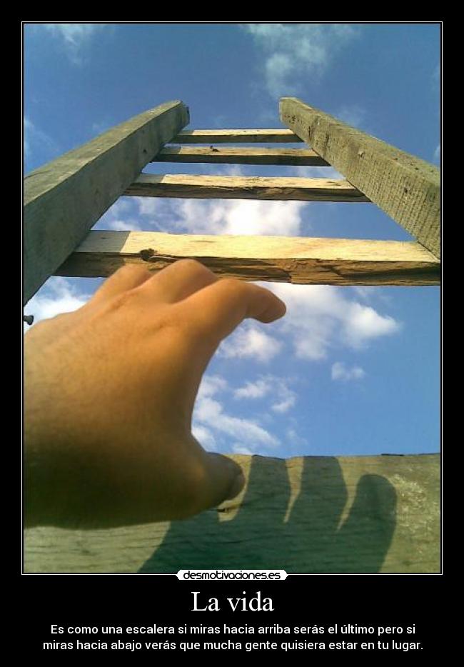 La vida - Es como una escalera si miras hacia arriba serás el último pero si
miras hacia abajo verás que mucha gente quisiera estar en tu lugar.