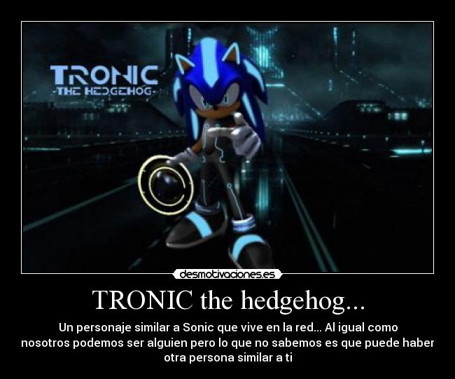 TRONIC the hedgehog... - Un personaje similar a Sonic que vive en la red... Al igual como
nosotros podemos ser alguien pero lo que no sabemos es que puede haber
otra persona similar a ti