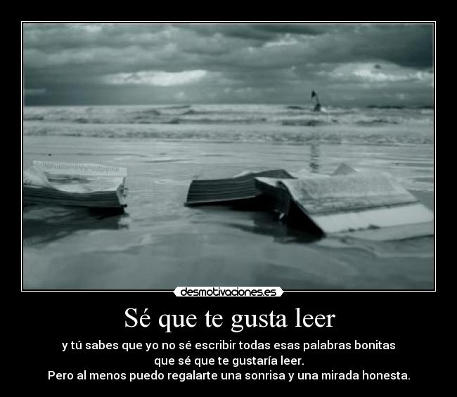 Sé que te gusta leer - y tú sabes que yo no sé escribir todas esas palabras bonitas
que sé que te gustaría leer.
Pero al menos puedo regalarte una sonrisa y una mirada honesta.